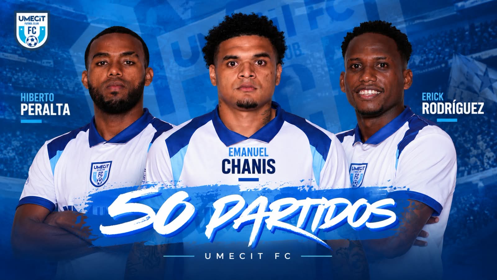 Arte de UMECIT FC con Hiberto Peralta, Emmanuel Chanis y Erick Rodríguez